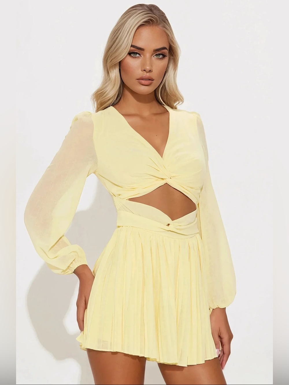 Fashion Nova “Not Today” Pleated Yellow Romper